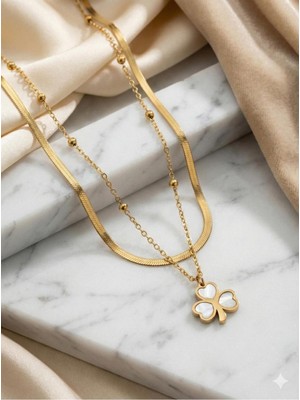 Çelik Takı Italyan Dorika Zincir Yonca Detaylı Ikili Çelik Kombin Kolye