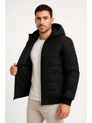 Erkek Şişme Kapüşonlu Fermuarlı Mont Su Itici Kapitone Astarlı Kumaş Cepli Kışlık Rahat Kalıp - Siyah