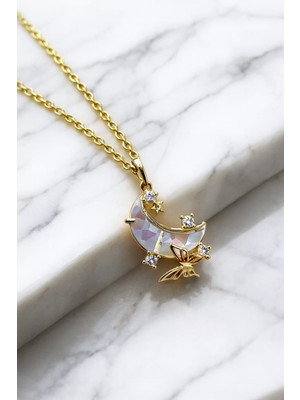 Çelik Takı Kelebek Yıldız ve Hilal Detaylı Zirkon Taşlı Çelik Kolye