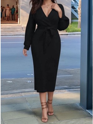 Etiler Collection Kadın Uzun Kollu Kruvaze Yaka Belden Kuşaklı Midi Ithal Krep Elbise