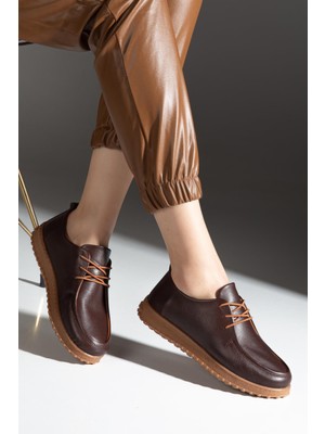 Alpelli Kadın Kahverengi Hakiki Deri Yumuşak Tasarım Ortopedik Hafif Oxford Casual Ayakkabı