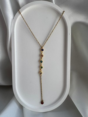 Çelik Takı Renkli Zirkon Taş Detaylı Çelik Element Y Kolye