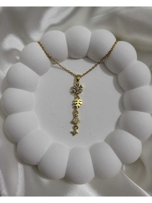 Çelik Takı Zirkon Taşlı Çiçek Yaprak Detaylı Çelik Y Kolye