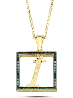 I Harfi Yeşil Taşlı 14 Ayar Altın Kaplama Kolye HR10 Silverize