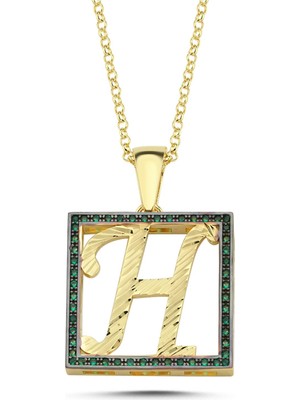 H Harfli Yeşil Taşlı 14 Ayar Altın Kaplama Kolye Hr8 Silverize