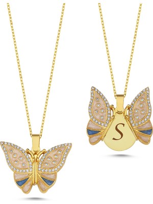 Silverize Taşlı Kelebek Açılır Kapanır Altın Kaplama Kolye Ak7