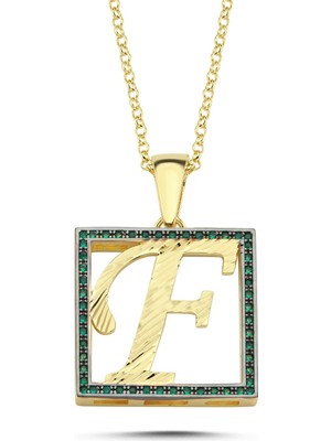 F Harfli Yeşil Taşlı 14 Ayar Altın Kaplama Kolye Hr6 Silverize