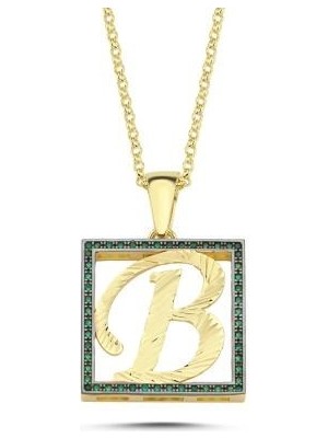 B Harfli Yeşil Taşlı 14 Ayar Altın Kaplama Kolye Hr2 Silverize