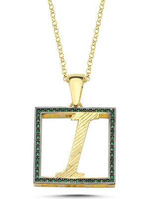 I Harfli Yeşil Taşlı 14 Ayar Altın Kaplama Kolye Hr9 Silverize