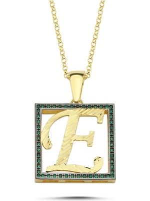 E Harfli Yeşil Taşlı 14 Ayar Altın Kaplama Kolye Hr5 Silverize