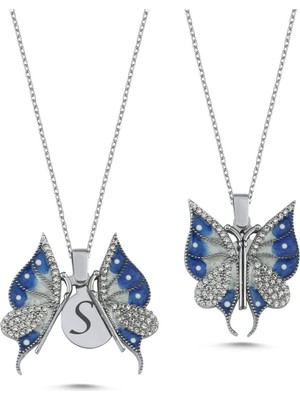 Silverize Mavi Beyaz Kelebek Açılır Kapanır Gümüş Kolye AK14