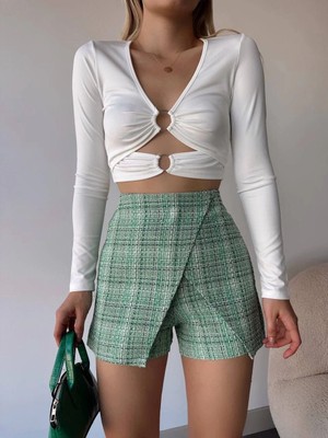 Kapaklı Tüvit Şort Etek Yeşil