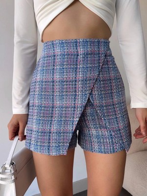 Kapaklı Tüvit Şort Etek Mavi