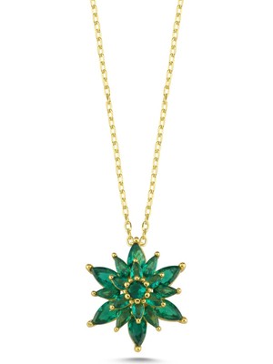 Silverize Yeşil Taşlı Lotus Altın Kaplama Kolye  KLY21