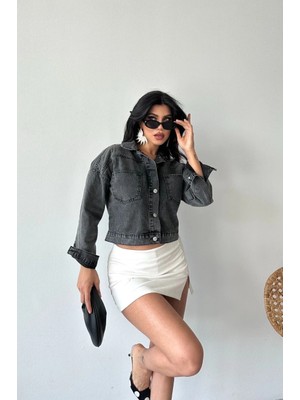 Çift Cepli Kol Katlamalı Süper Taş Enzim Yıkama Crop Kot Ceket Füme D2000
