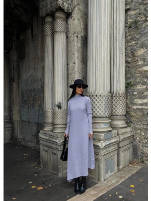 Boğazlı Kalın Bürümcük Uzun Elbise Gri