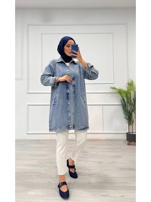 Taşlı Tunik Ceket Kar Yıkamalı Mavi D2516