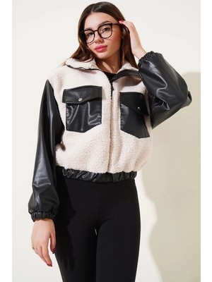 Deri Garnili Cepli Peluş Mont Siyah T1253