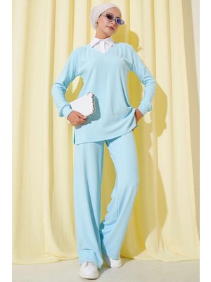 Gömlek Yaka Fitilli Salaş Ikili Takım Buz Mavisi T4300