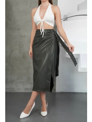 Kuşaklı Uzun Deri Etek Haki H26414