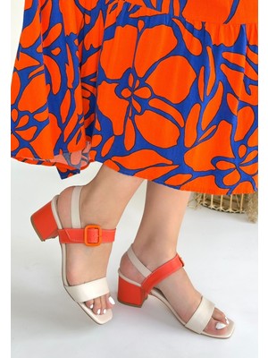 Erbilden Year Bej Cilt Turuncu Detaylı Turuncu Topuklu Topuklu Ayakkabı