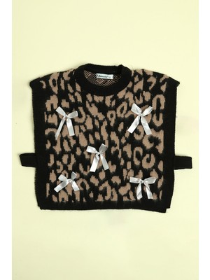 FullaModa Leopar Desenli Fiyonklu Kız Çocuk Triko Süveter