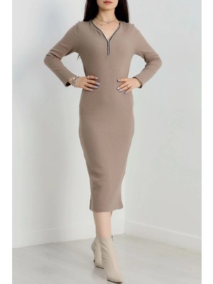 Fermuar Detaylı Fitilli Şardonlu Elbise Bej A3178