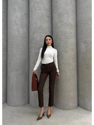 Evyora Dar Paça Kemerli Kumaş Pantolon Kahve PT53