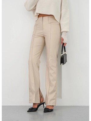 Ispanyol Yırtmaçlı Paça Deri Pantolon Bej Hn