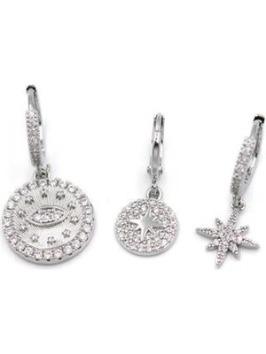 Royaleks 3'lü Taşlı Halka Küpe - Gümüş