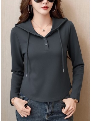 Mç Plus Kadın Uzun Kollu Kapşonlu Bağcıklı Düğmeli Viskon Iki Iplik Füme Bluz