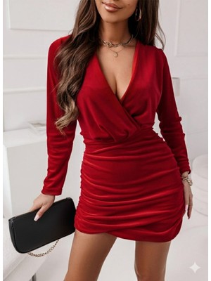 Arben Boutique Kadın Uzun Kollu Kruvaze Yaka Yandan Büzgülü Mini Ithal Krep Elbise