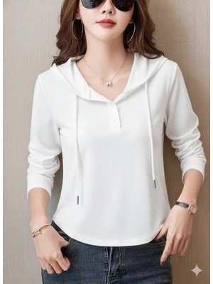 Evyora Kadın Uzun Kollu Kapşonlu Bağcıklı Düğmeli Viskon Iki Iplik Bluz