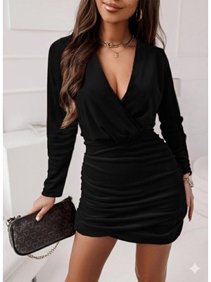 Arben Boutique Kadın Uzun Kollu Kruvaze Yaka Yandan Büzgülü Mini Ithal Krep Elbise