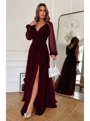 La Mode Istanbul Kadın Uzun Kollu Kruvaze Yakalı Belden Kuşaklı Tüllü Uzun Ithal Krep Elbise