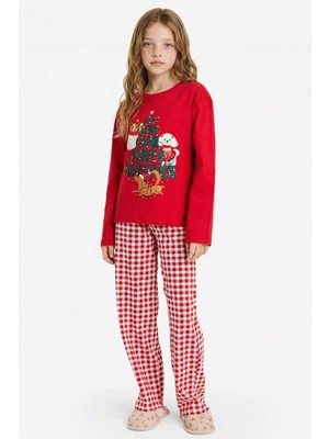 DeFacto Yılbaşı Temalı Pijama Takımı Uzun Kollu Üst Uzun Alt Kız Çocuk G6457A825WN