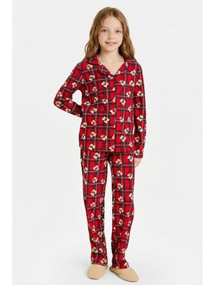 DeFacto Yılbaşı Temalı Pijama Takımı Kareli Ayıcıklı Uzun Kollu Üst Uzun Alt Kız Çocuk G7434A825WN