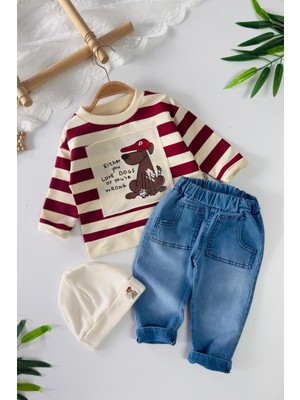 Miniğimin Cicileri Çizgili Köpek Baskılı Sweatshirtlü Kot Pantolonlu Erkek Bebek 3 lü takım - Kırmızı