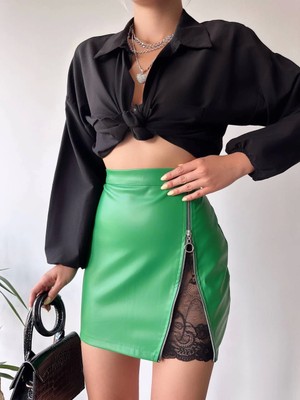 Elma Shop Dantelli Fermuarlı Deri Etek Yeşil