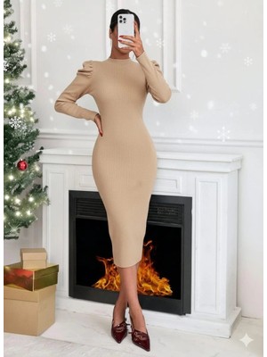 Elma Shop Prenses Kol Kaşkorse Elbise Bej