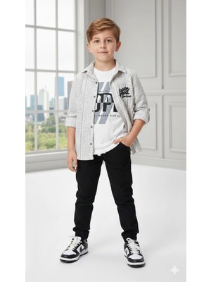 Bontino Erkek Çocuk Şapka Hediyeli Kolu Ayarlanabilir Gömlekli, Tişörtlü ve Pantolonlu 3'lü Kombin Takım