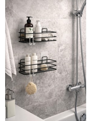 MultiStore Yapışkanlı Banyo Düzenleyici Siyah 2 Adet Banyo Rafı Mat Malzeme ile Modern Tasarım