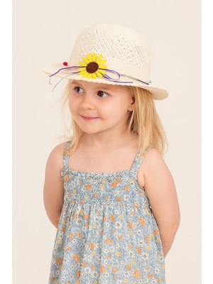 Çocuk Çiçek Aksesuarlı Merserize Şapka Beyaz