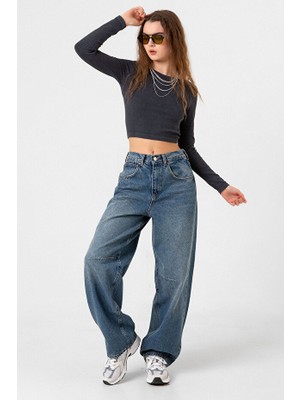 My Arja Kadın Baggy Toka Detaylı Bol Kesim Geniş Paça Rahat Baggy Jean Kot Salaş Kadın Pantolon