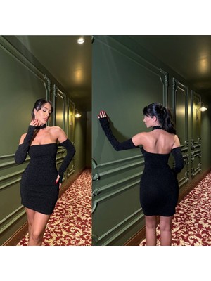 Arben Boutique Kadın Madonna Yaka Simli Flower Kumaş Mini Elbise