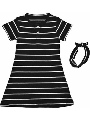 Organickid Mini Me Kız Çocuk Siyah Gri Çizgili Elbise