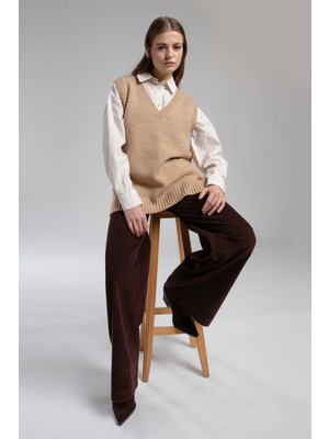 Lee Cooper Days Yüksek Bel Geniş Paça Kesim Geniş Paça Kahve Kadın Pantolon