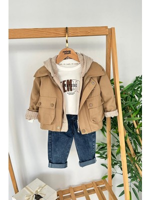 Miniğimin Cicileri Kapüşonlu Örgü Hırkalı  Erkek Çocuk Montlu Kot Pantolon 3 lü takım - Kahve