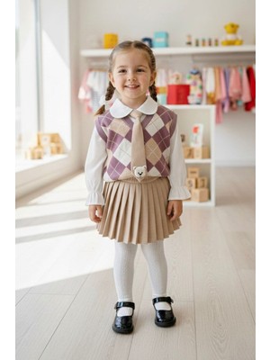 Miniğimin Cicileri Kravatlı Baklava Desenli Süveterli Gömlekli Pileli Etek kız çocuk takım - Mor