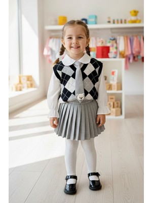 Miniğimin Cicileri Kravatlı Baklava Desenli Süveterli Gömlekli Pileli Etek kız çocuk takım - Siyah